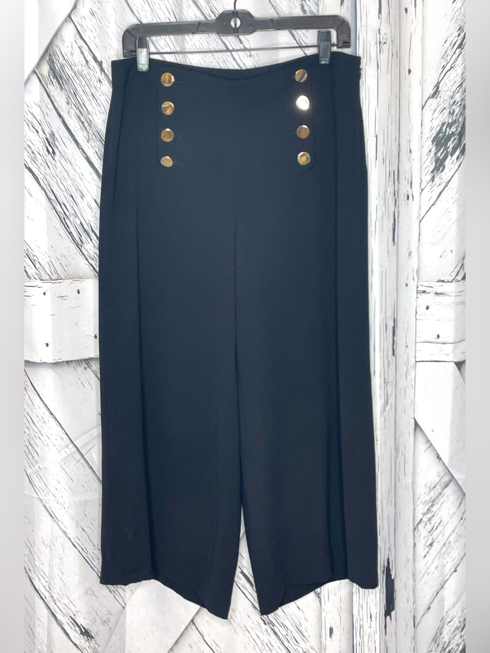 LOFT Black Wide-Leg Sailor-Style Culotte Pants with Gold Buttons 6